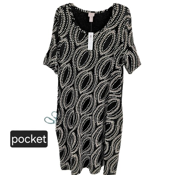 Chico's Short Sleeve Shift Dress Size XL Black Paisley Pullover Ruffle Sleeve - Picture 2 of 8